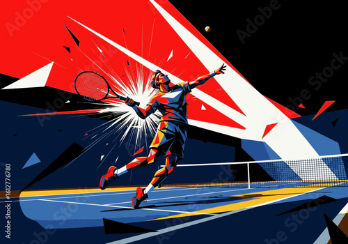 Stylized illustration of a male tennis player jumping for a powerful serve on an abstract court.