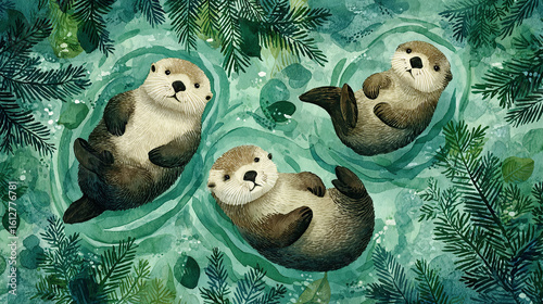 Whimsical watercolor otters floating playfully