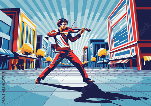 A young man passionately plays the violin in a dynamic pose on a stylized, colorful city street.