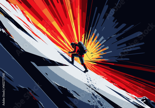 A dynamic graphic illustration of a mountaineer ascending a steep, snowy mountain slope against a dramatic sunburst.