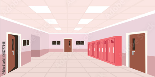 School hallway illustration. Classroom landscape. University classroom architecture. Campus building. School lobby.