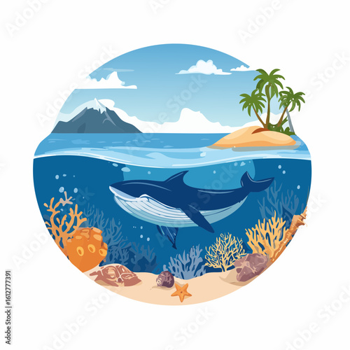 A serene ocean landscape featuring a majestic whale swimming near a tropical island scenery