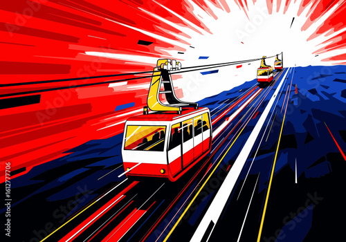Dynamic illustration of cable cars in motion with vibrant red, white, and blue abstract speed lines.