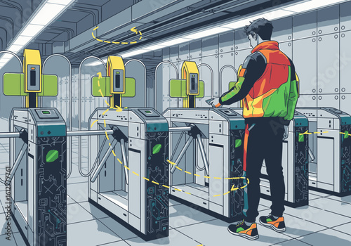 Person using futuristic contactless turnstiles in a modern transit station.