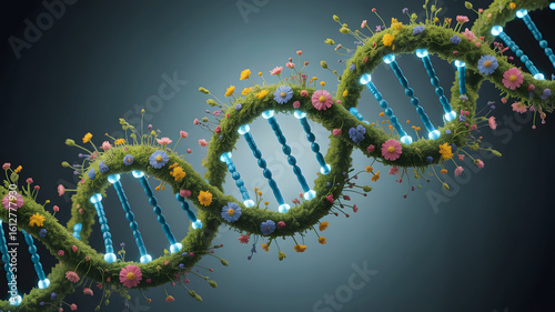 Organic dna helix intertwined with vibrant flowers and green leaves symbolizing natural life and growth