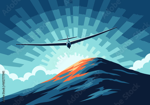A glider soars over a sunlit mountain peak during a dramatic sunrise.