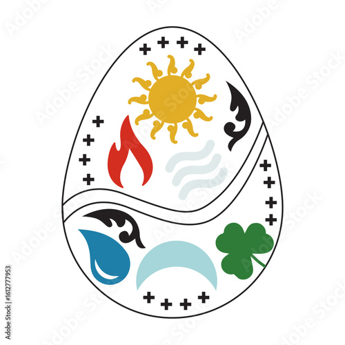 Cosmic Egg with Four Elements – Air, Earth, Water, Fire | Sacred Symbolic Illustration