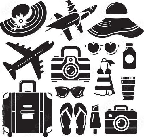 Essentials of Summer Travel: A collection of travel essentials, including sunglasses, hat, camera, and luggage, against a clear, inviting background, a visual invitation to vacation and adventure.