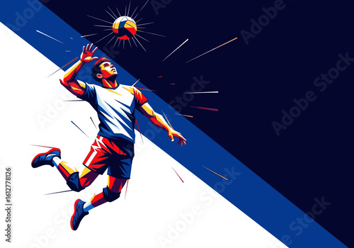 Dynamic illustration of a male volleyball player in mid-air, powerfully spiking the ball during a competitive match.