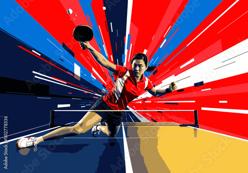 A female table tennis player lunges mid-air against a dynamic red, white, and blue background.