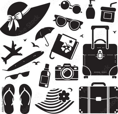 Travel Essentials Illustration: A curated collection of travel essentials, from stylish hats and sunglasses to a camera, luggage, and a passport.