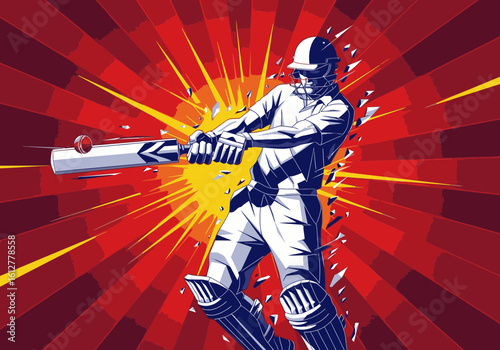 A dynamic illustration of a cricket batsman in action, powerfully striking a red ball with a white bat against a vibrant, explosive red and yellow background.