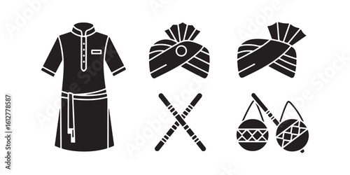 Black and white festival icons kurta turban drums and sticks on white background