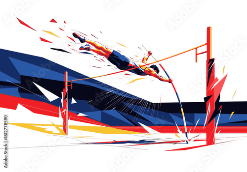 A stylized, energetic illustration of a male pole vaulter clearing the bar with explosive, colorful motion.