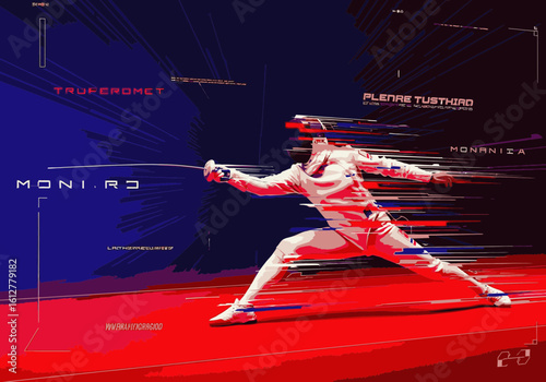 Stylized graphic of a fencer in a powerful lunge against a red and blue background.