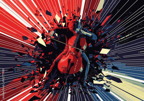 A passionate cellist plays with explosive energy, shattering the background into red, white, and blue fragments.