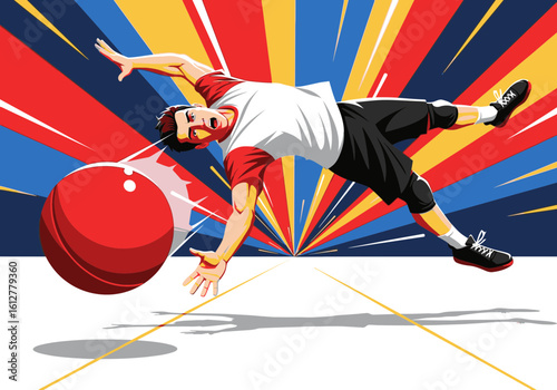 Dynamic illustration of an athlete acrobatically dodging a red ball during a competitive game.