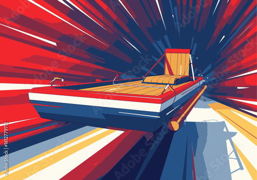 A vintage motorboat speeds forward through a dynamic tunnel of red and blue abstract lines.