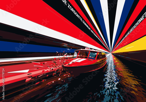 A dynamic illustration of a red motorboat speeding through an abstract tunnel of colorful, converging lines.