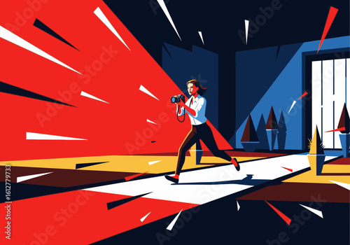 A female photographer with a camera runs urgently on a path of light, escaping a dynamic red force.