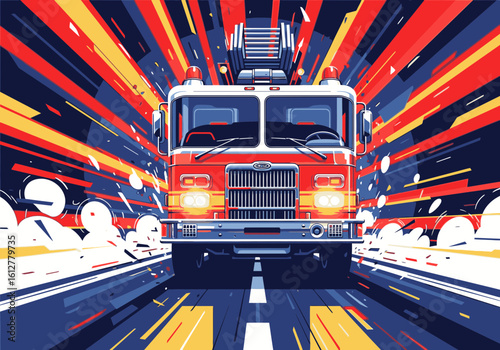 A dynamic illustration of a fire truck speeding down a road on an emergency call.
