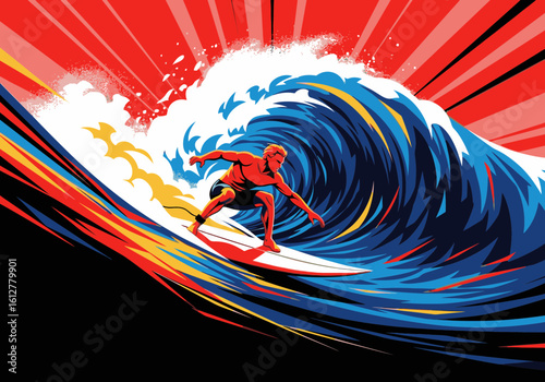 A powerful surfer skillfully rides a massive, cresting ocean wave in a dynamic graphic illustration.
