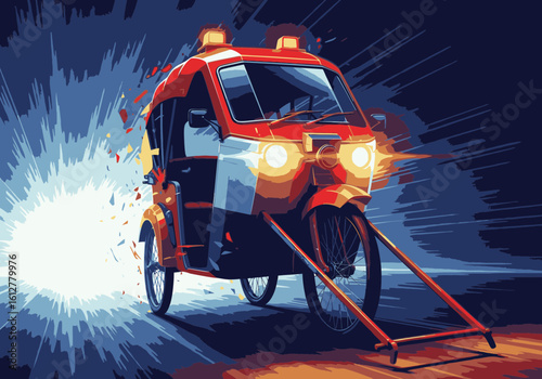 A stylized red auto-rickshaw with bright headlights and roof lights speeds away from a bright explosion.