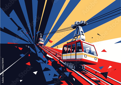A dynamic graphic illustration of two funicular cable cars traveling on a steep railway track.