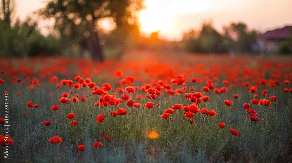 Obraz premium A vibrant sunset field adorned with red poppy flowers, bathed in warm golden light.