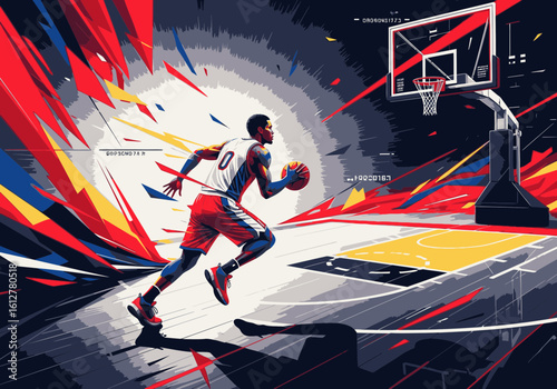 An athletic basketball player in a vibrant, abstract illustration, dribbling with explosive energy towards the net.