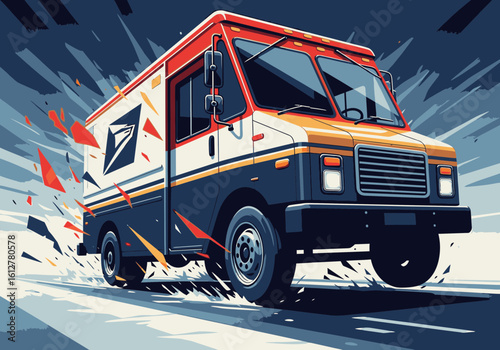 A dynamic graphic illustration of a red, white, and blue postal delivery truck speeding down a road.