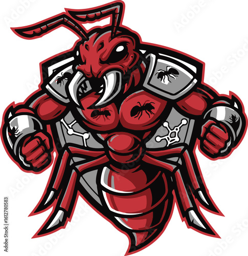 A fierce red ant warrior mascot, a powerful insect character illustration. Vector graphic for sports team or esport logo design.