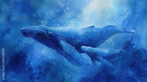 Whale and calf swimming in dreamy watercolor ocean
