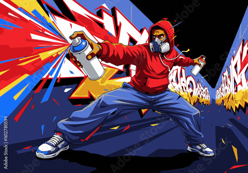 A dynamic illustration of a street artist in a red hoodie and respirator mask creating vibrant graffiti.
