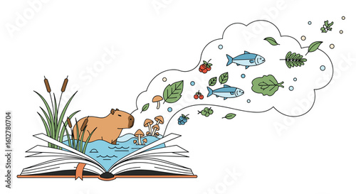 A child's imagination comes alive from the pages of an open story book showing nature