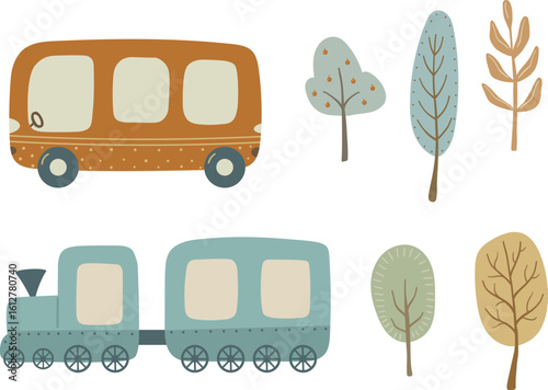 Retro bus and train set with trees. Vector illustration for design, print, pattern, isolated on white background