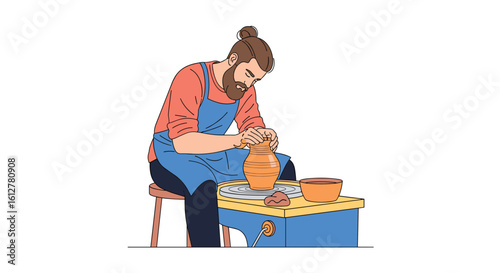 Creative artisan skillfully shaping clay on a spinning pottery wheel crafting unique handmade ceramics