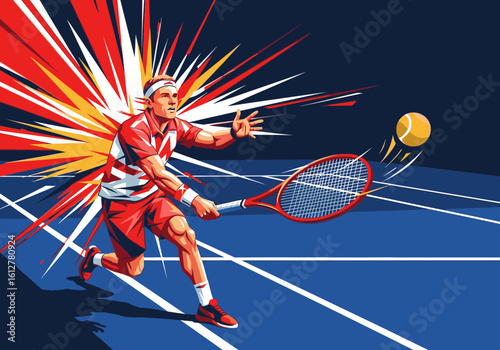 An energetic male tennis player in action, striking the ball with a forehand on a blue court.