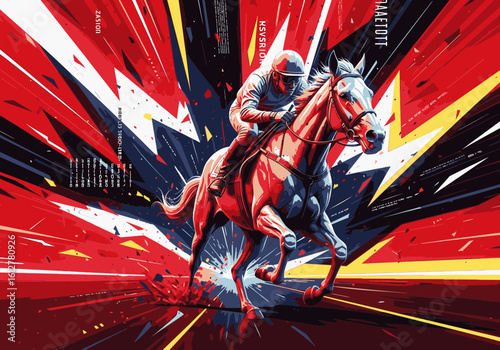 A dynamic, graphic illustration of a jockey and horse racing at high speed with an explosive, abstract background.