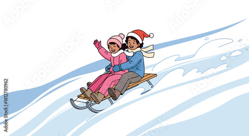 Children enjoy a thrilling sleigh ride down a snowy hill during a fun winter day celebration with loved ones