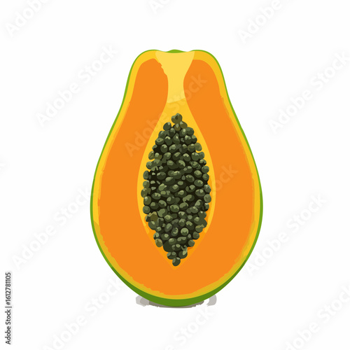 Half section of a fresh papaya fruit showing the vibrant orange flesh and black seeds in detail