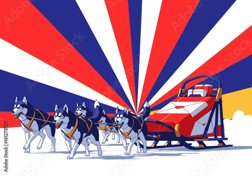 A graphic illustration of a husky dog sled team pulling a red sled across the snow against a dynamic red, white, and blue striped background.