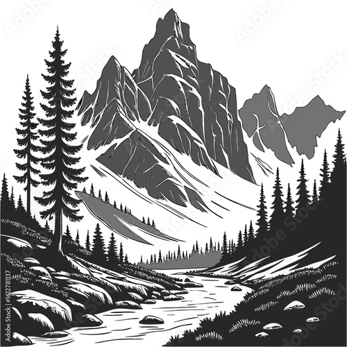 Majestic mountain landscape with river and pine trees