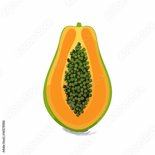 Illustration of a sliced papaya with vibrant colors and detailed seed arrangement showcasing freshness