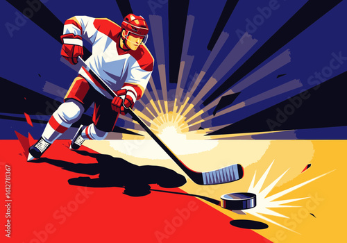 A dynamic illustration of an ice hockey player skating and hitting a puck with force.