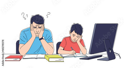 Father and son struggling together with difficult homework assignments showing signs of extreme fatigue and frustration