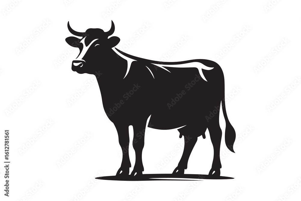 Fototapeta premium Solid Black Cow Silhouette in Profile on White Background