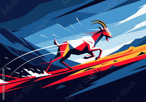 A dynamic illustration of a geometric red goat running swiftly up a vibrant, abstract mountain.