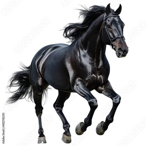 Full body portrait of a black Arabian horse isolated on transparent background.