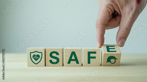 Wooden blocks spelling safe with hand safety health